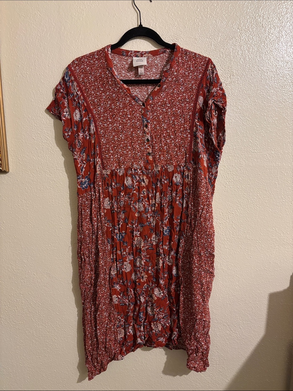Knox Rose Rust Red Floral Midi Dress with Blue Accents